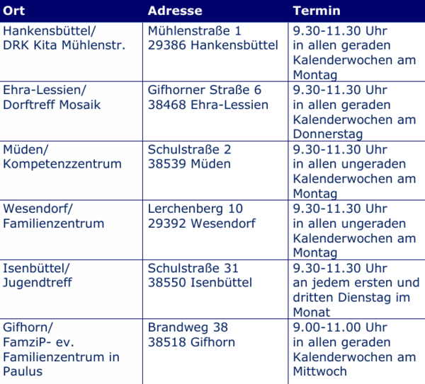 Bild vergr&ouml;&szlig;ern: Tabelle mit Standorten und Terminen